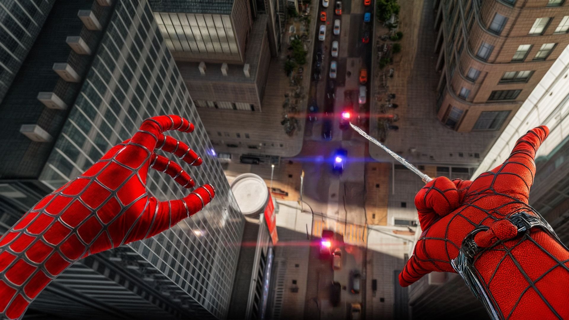 Spider-Man POV looking down onto a city street